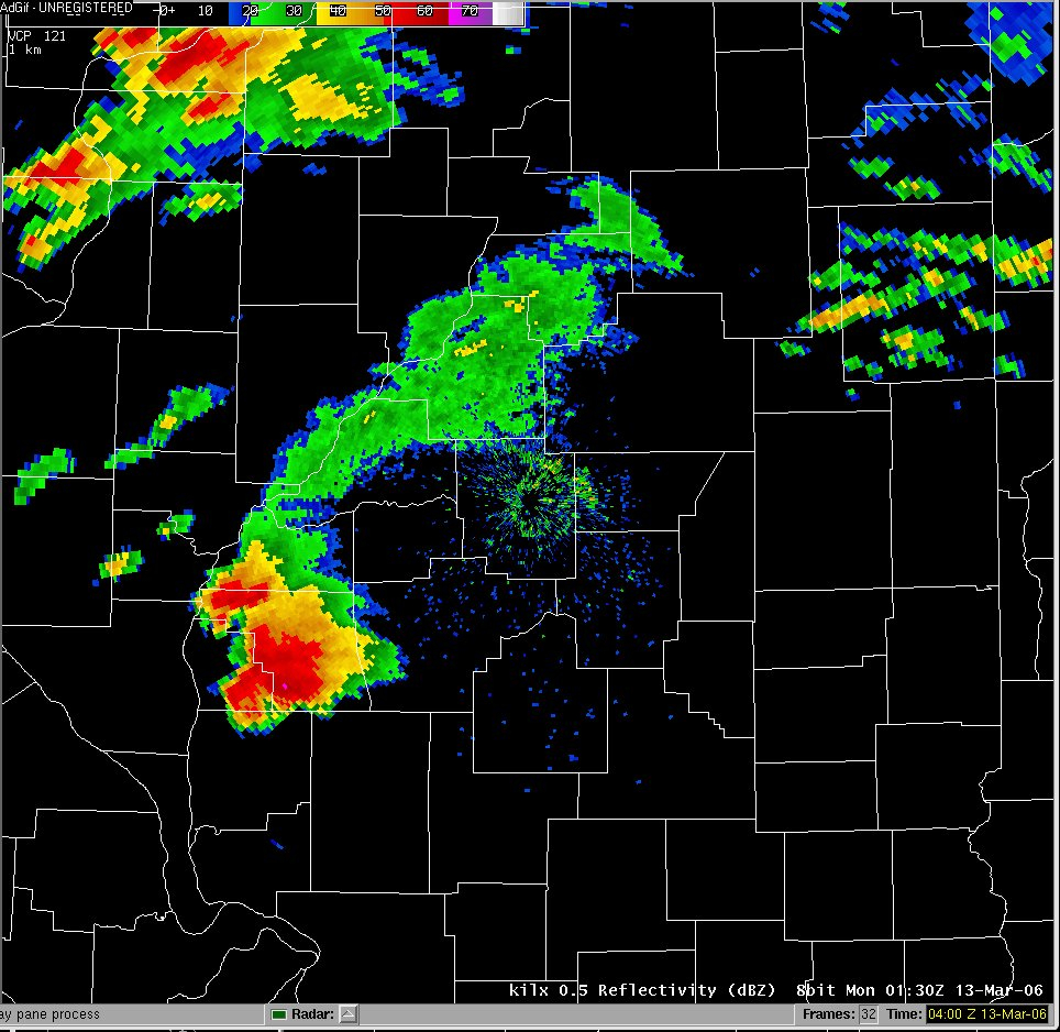 Central Illinois doppler radar display of tornadic supercell thunderstorm