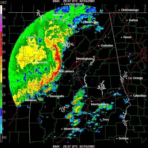 Bow echo with strong winds racing across Alabama observed by Birminghamdoppler radar