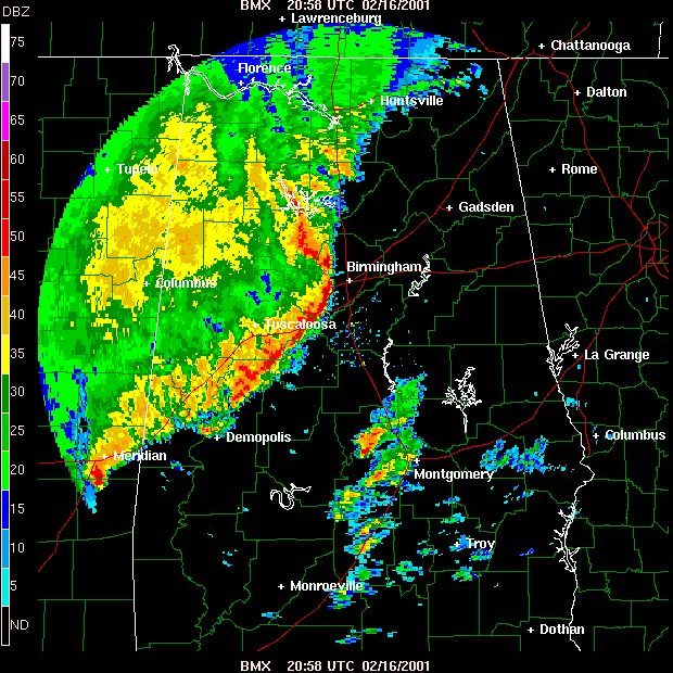 Bow echo with strong winds racing across Alabama observed by Birminghamdoppler radar