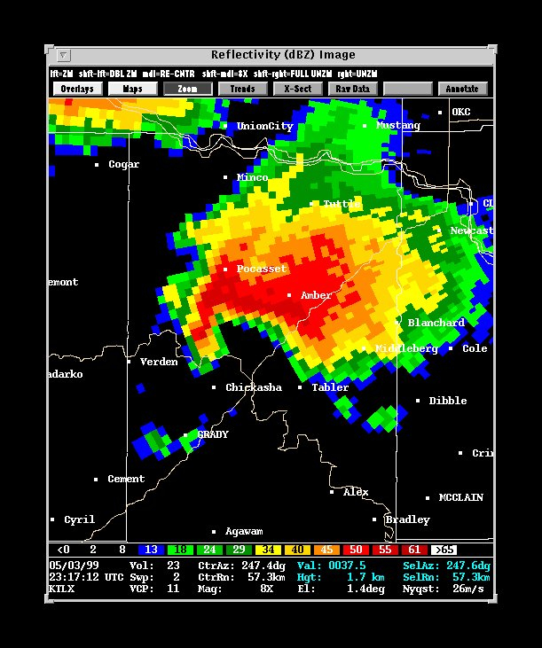 Reflectivity image of supercell thunderstorm with tornadic hook echo SW ofAmber during the great Oklahoma Tornado Outbreak of 1999