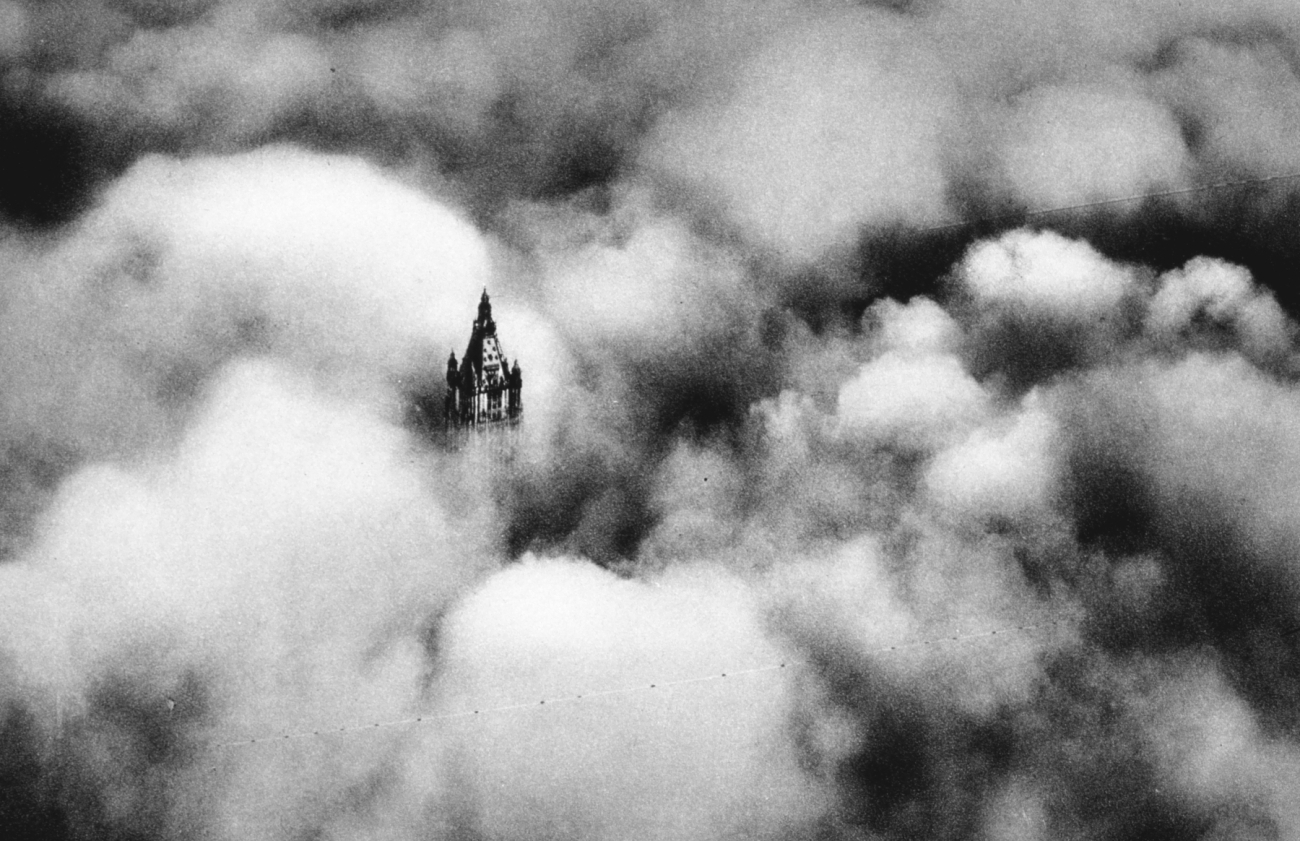 The top of the Woolworth Building seen through the fog