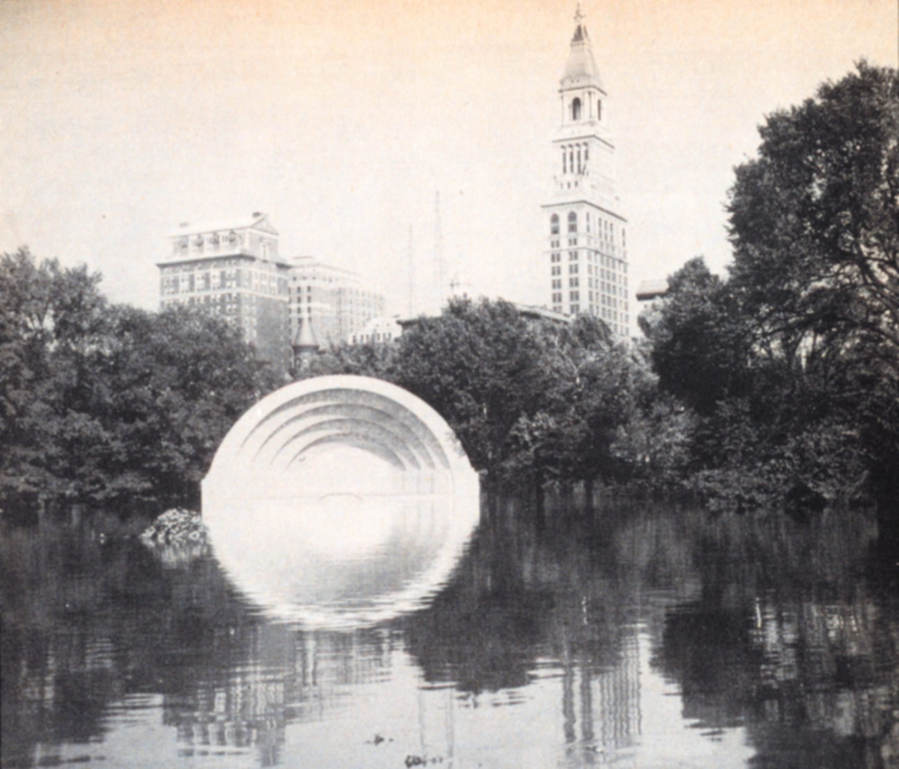 The Music Shell in Bushnell Park which was now functioning as a reflecting pool