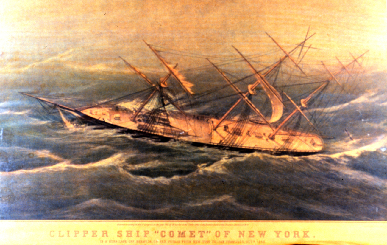 The Clipper Ship 'Comet' of New York laboring in heavy hurricane seas offBermuda in October 1852