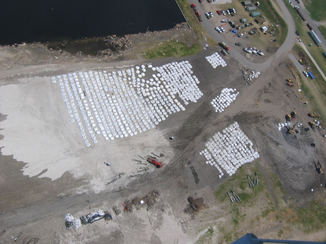 Sand bags prepared for plugging leaks in the dikes surrounding New Orleans