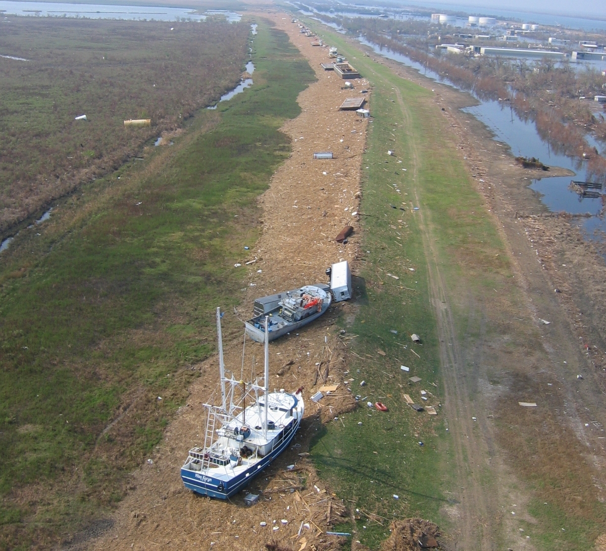 Shrimp boats, barges, and debris on the bank at Venice after HurricaneKatrina
