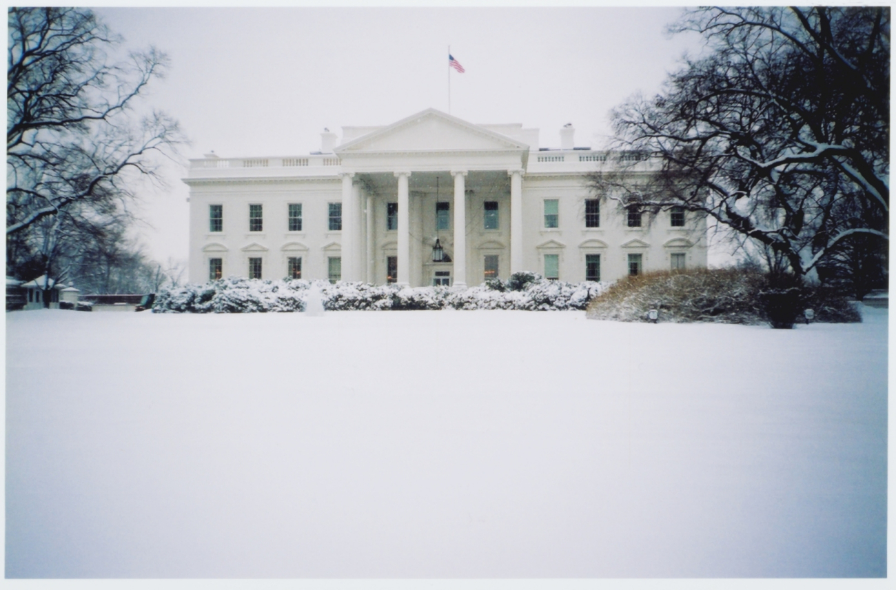 The White House draped in newly fallen snow