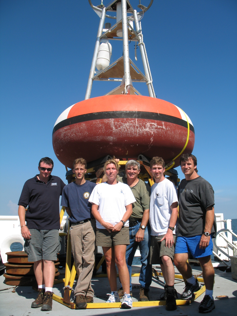 TAO Buoy Array deployment team: Don Ventura (Team Leader), Jeffery Wise,Paula Campbell(Port Meteorological Officer), Alan Lossett, James Rauch, and Dane Jaynes on board the NOAA Ship GORDON GUNTER