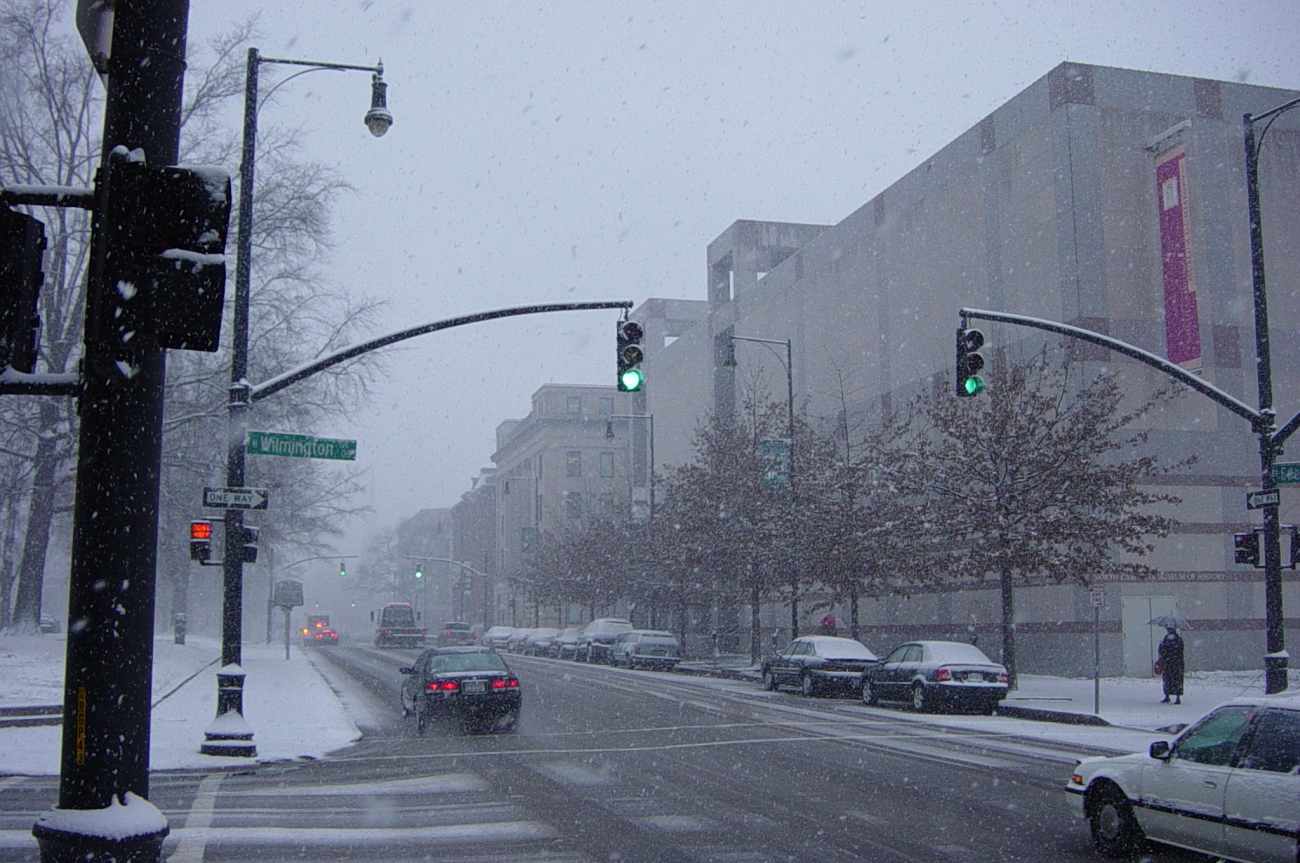 Several state museums are visible in this image of Edenton Street in downtownRaleigh during a January snow in North Carolina