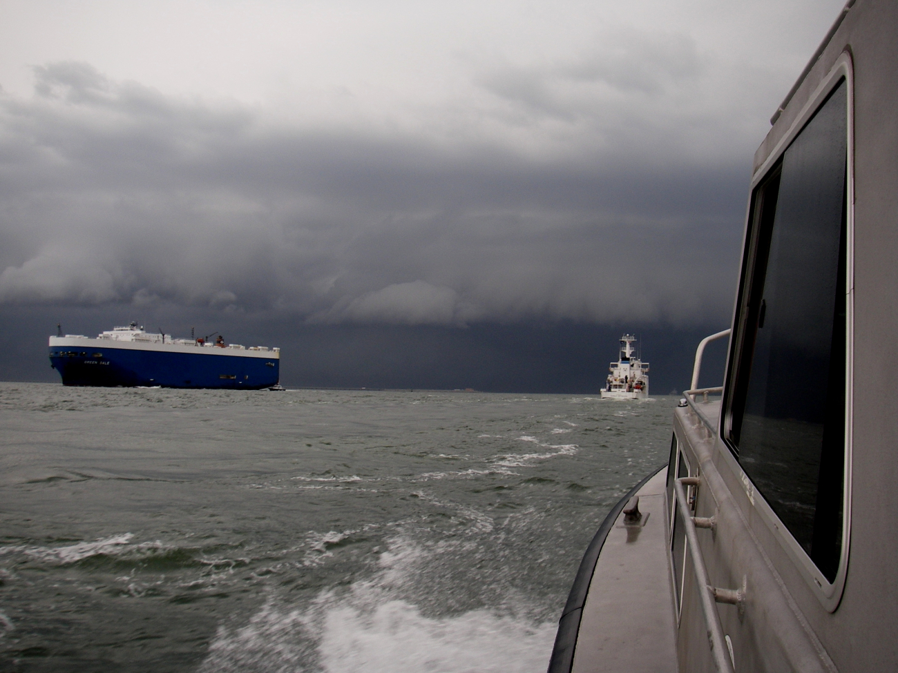 Launch 3102 following NOAA Ship THOMAS JEFFERSON into saferwaters as a heavy thunderstorm bears down