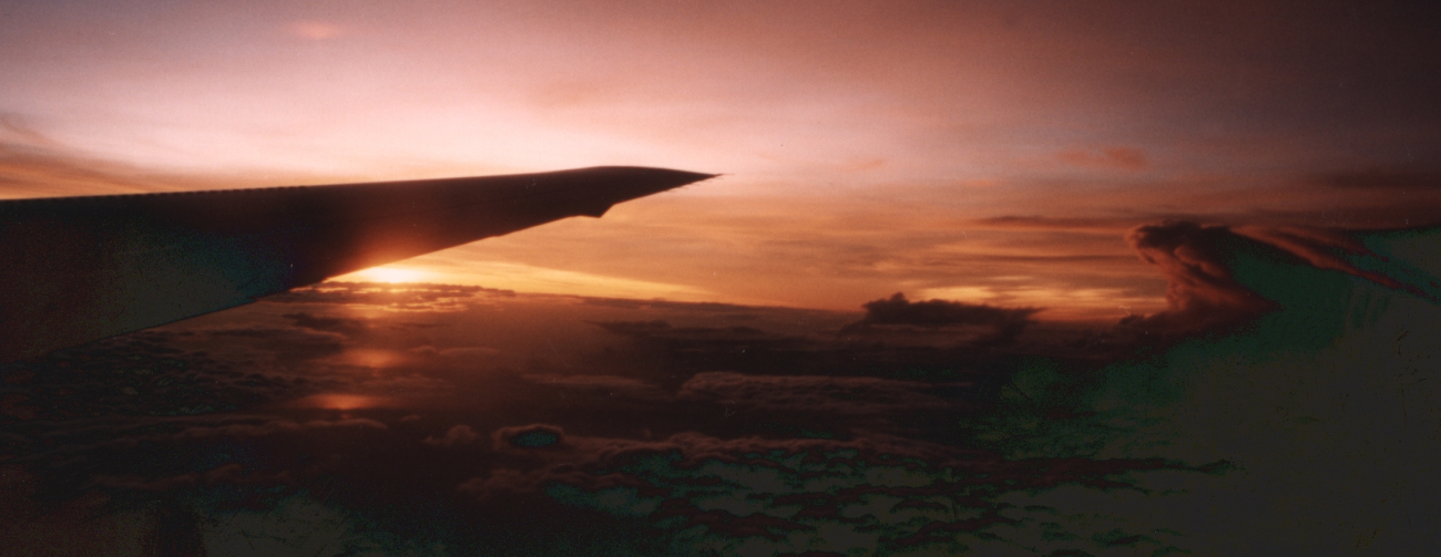 Right wing of NASA DC-8 at sunrise