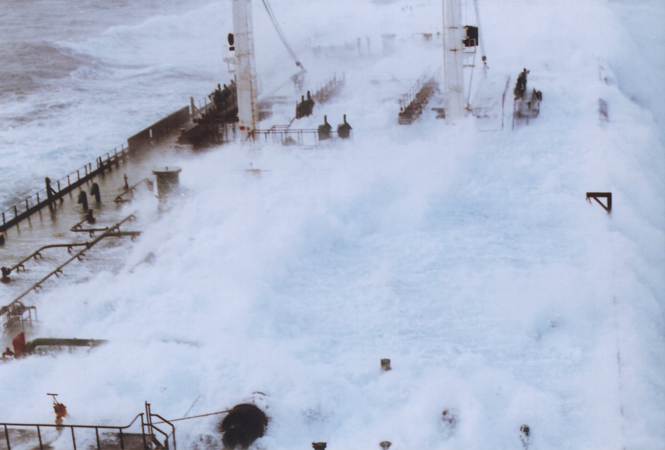 Rogue wave sequence showing 60-foot plus wave hitting tanker headed southfrom Valdez, Alaska