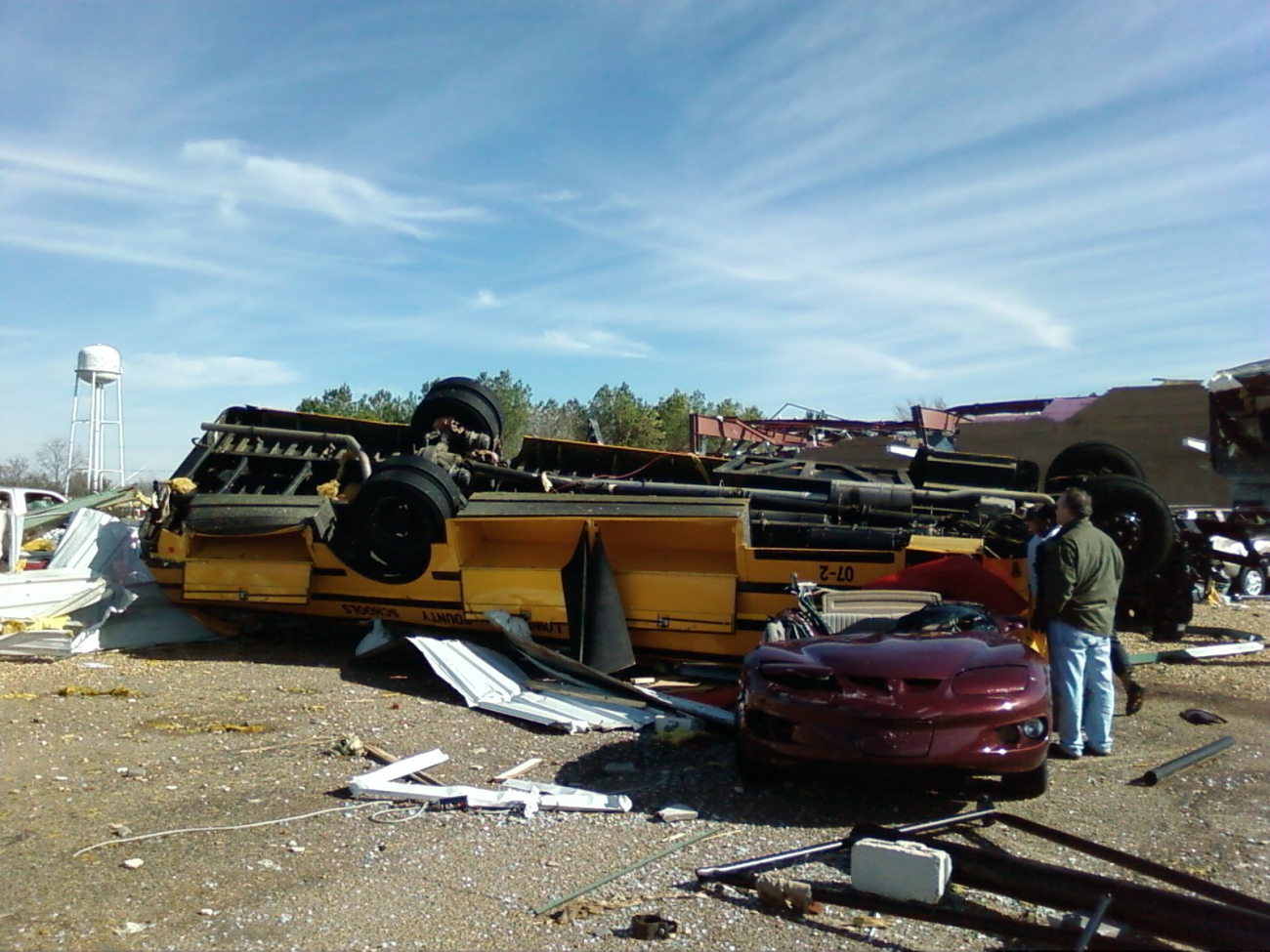 School bus flipped and crushed by tornado