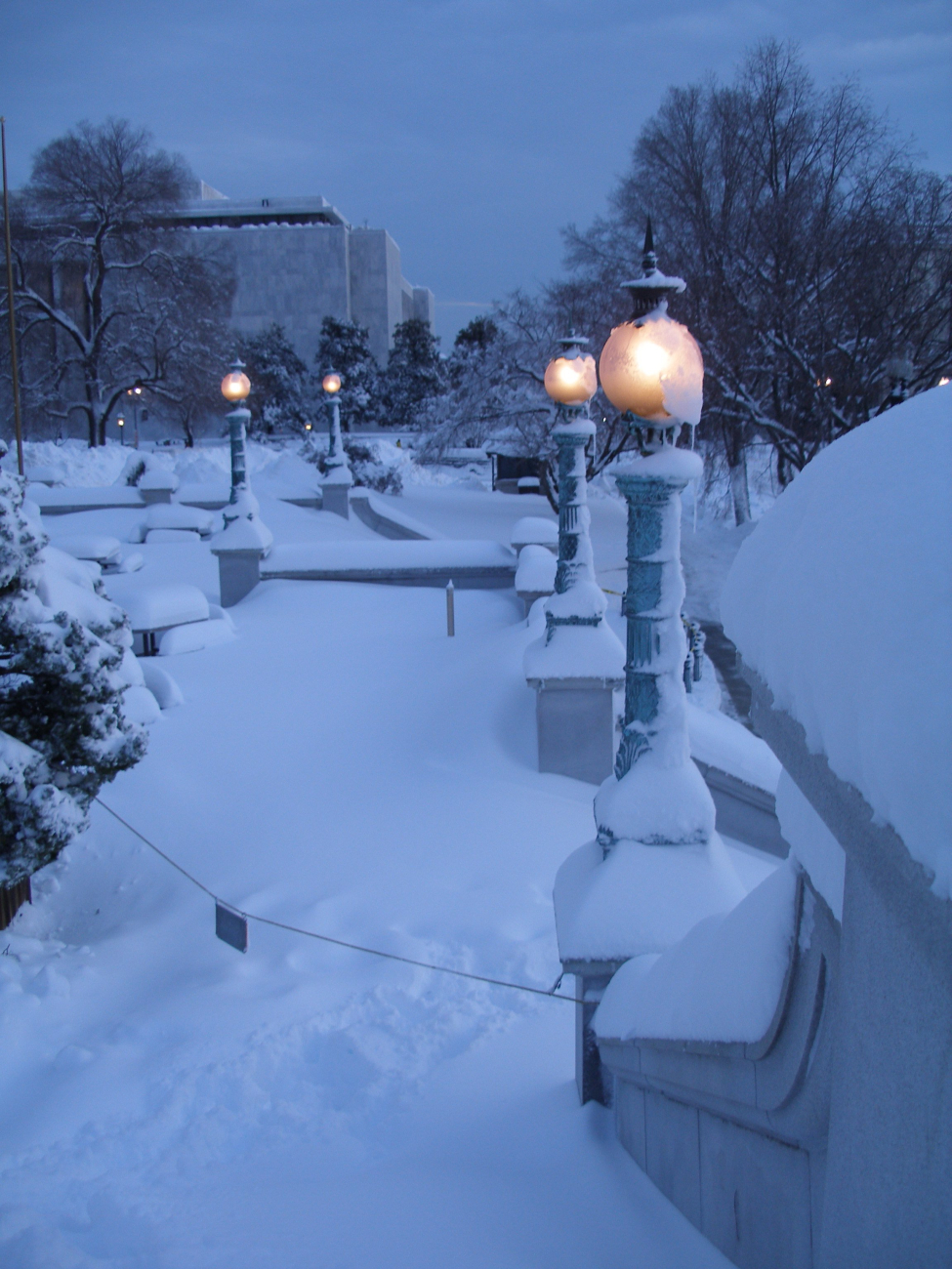 Snow, snow, snow with the Madison Building of the Library of Congress seen froman entrance to the Jefferson Building