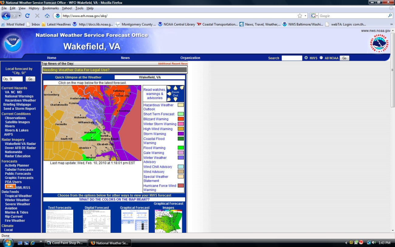 Eight different types of warnings or advisories are seen on the Wakefield,Virginia National Weather Service Forecast Office Internet site