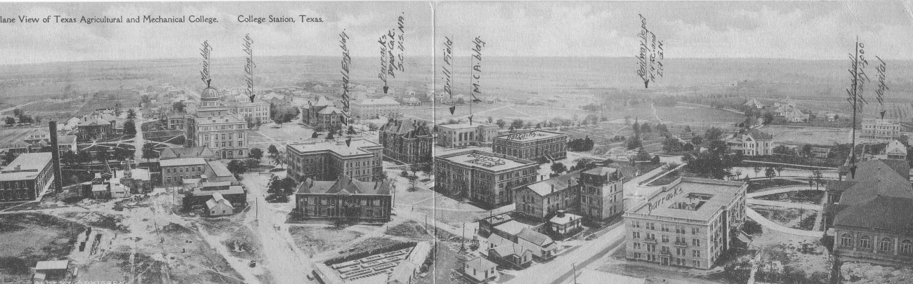 Aerial view of Texas A&M; in 1918 showing location of various buildings