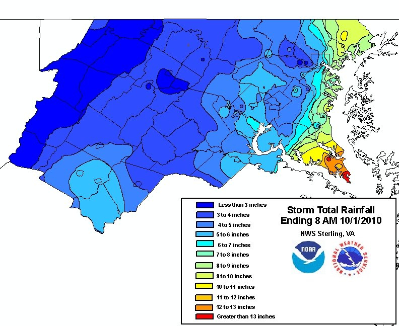 Rainfall totals for Baltimore-Washington area for rain event of October 1 2010