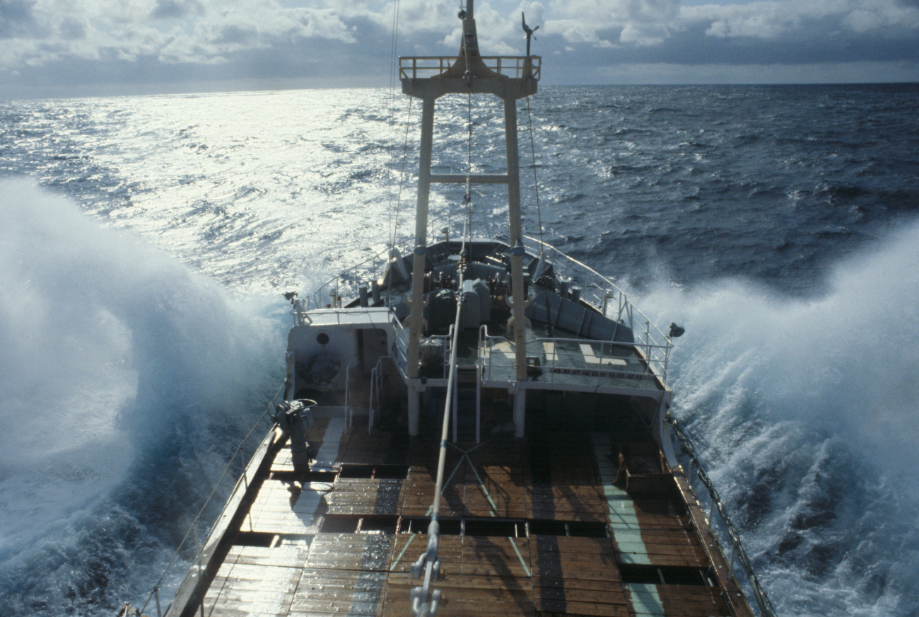 Plowing into the swells of the Northwest Pacific Ocean aboard a Japanesefisheries training vessel
