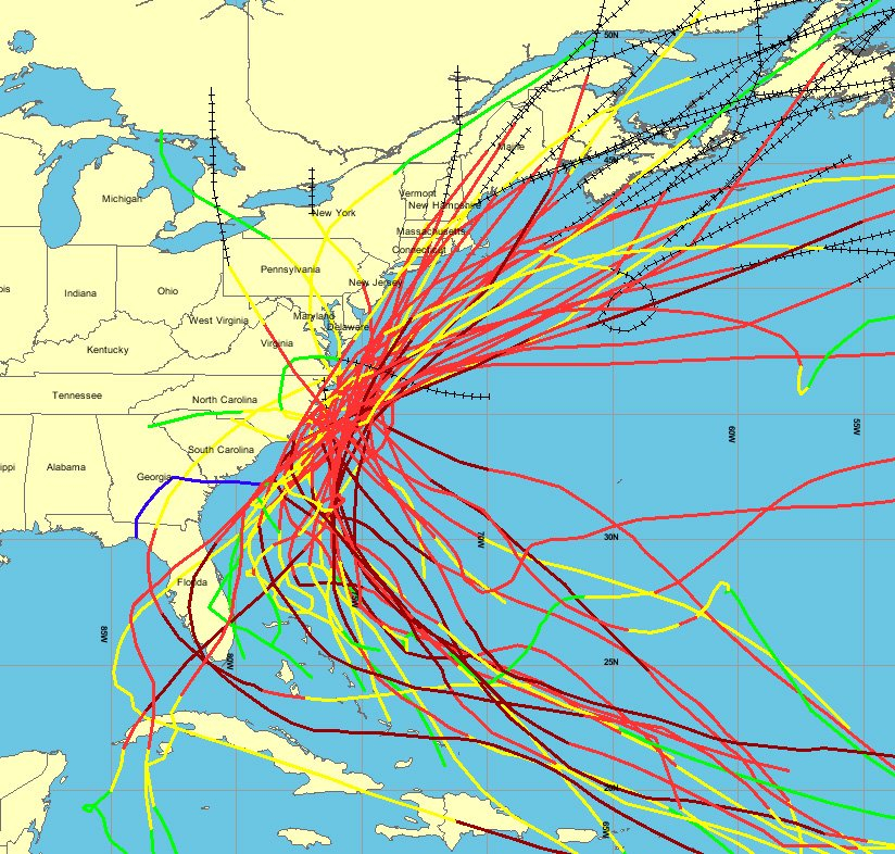Graphic from NOAA's Historical Hurricane Tracks tool shows all hurricanespassing with 65 nautical miles of Cape Hatteras since 1900