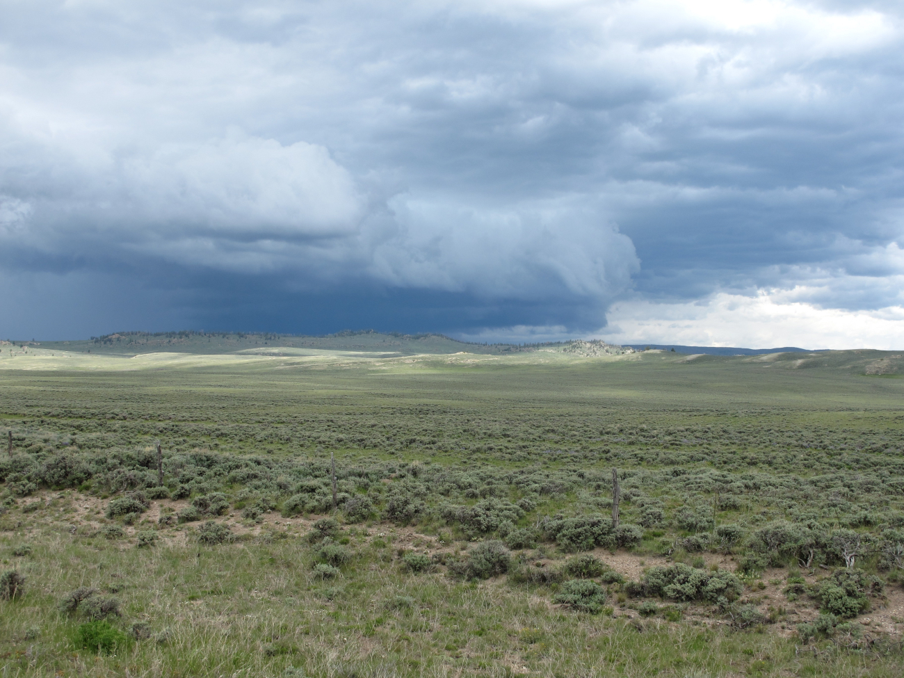 A thunderstorm in the distance close to the Wyoming state line between Gould,Colorado, and Riverside, Wyoming