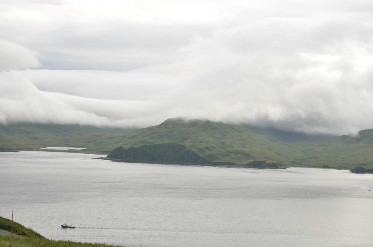 Clouds lying over mountains at Dutch Harbor