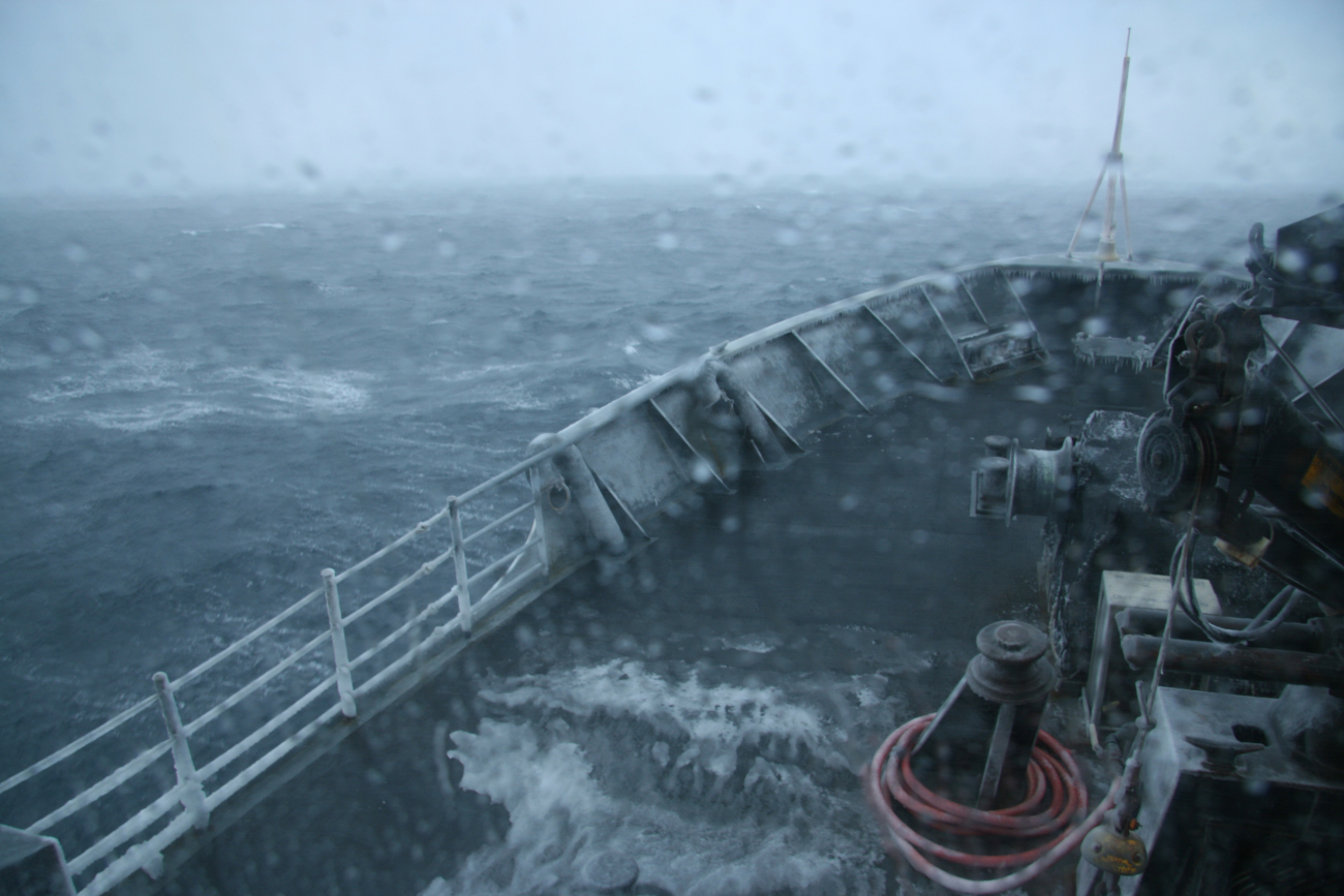 Wind and spray on a sub-freezing day cause ice buildup on the NOAA ShipMILLER FREEMAN