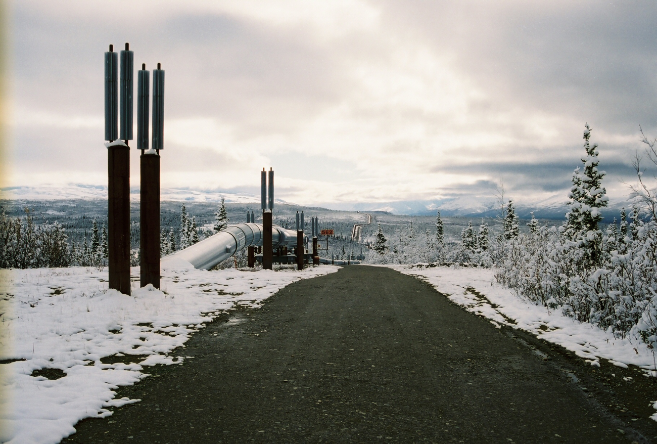 The Alaska Pipeline route sprinkled with snow