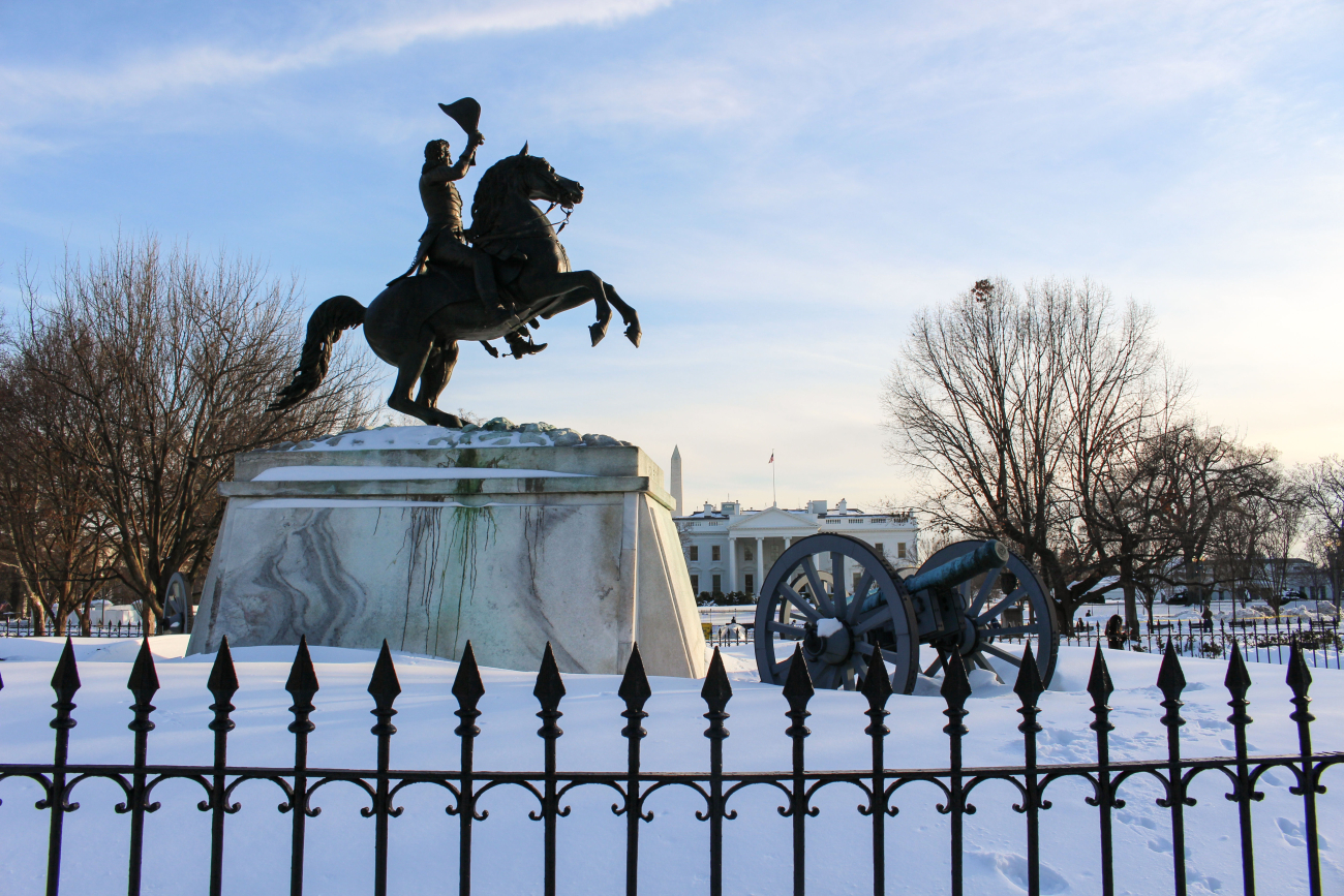 Statue of Andrew Jackson in Lafayette Park following Snowzilla