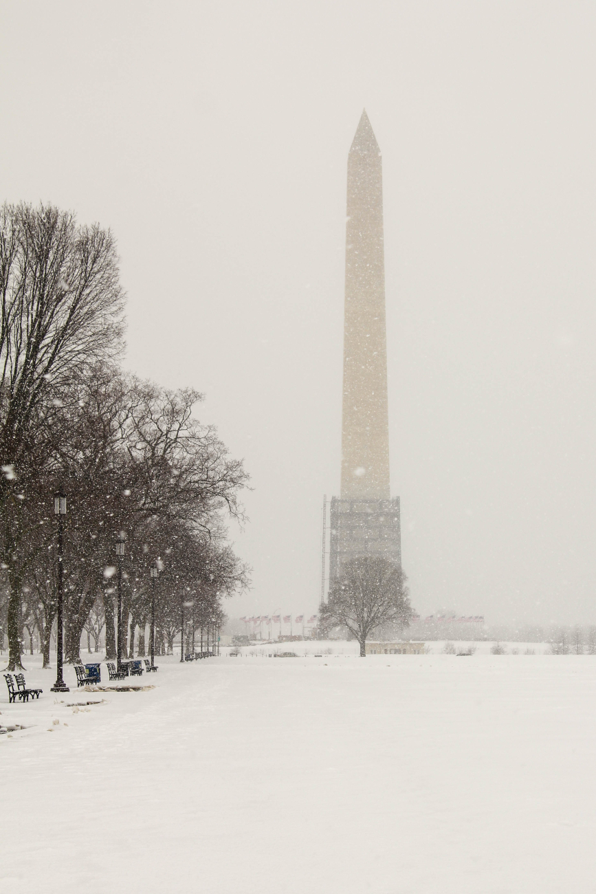 The Washington Monument shrouded in falling snow