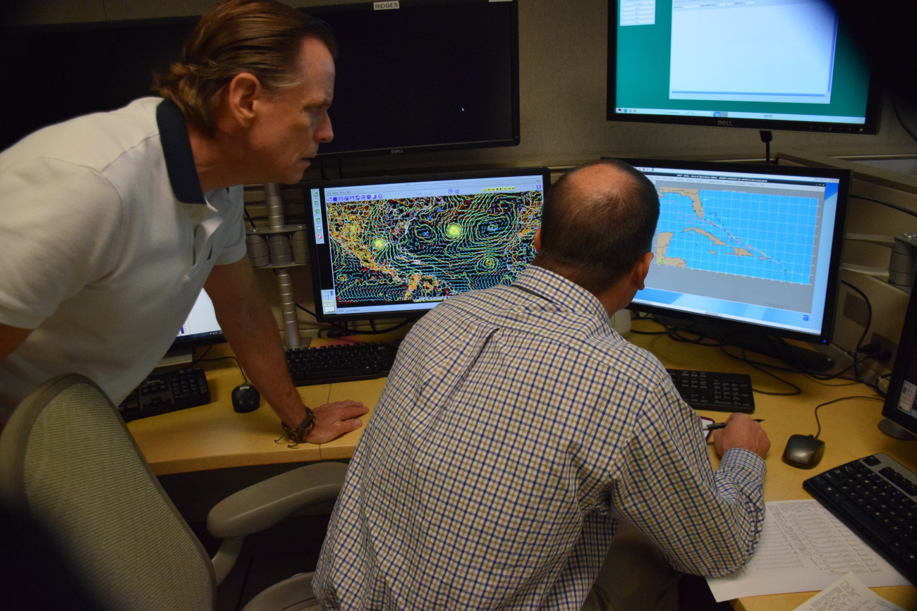 National Hurricane Center meteorogists monitoring the forward motion of thedisturbance that developed into Hurricane Hermine