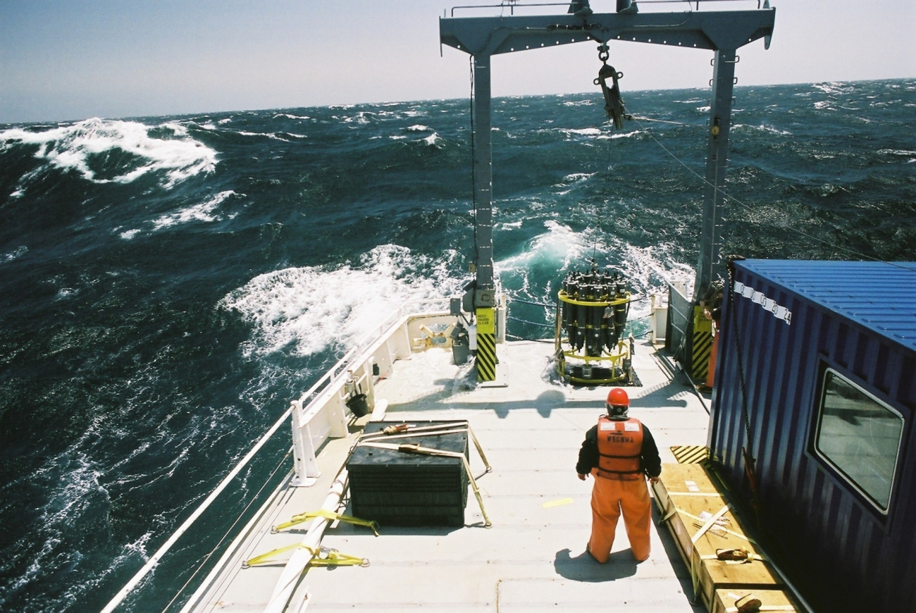 NOAA oceanographer Richard Feely stands on deck of the R/V WECOMA,operated by Oregon State University during a 2007research cruise studying ocean acidification