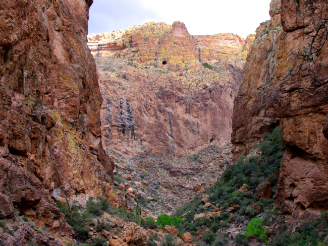 Sandstone cliffs, perhaps a lost mine on the cliff high above, and desertfoliage in the canyon bottoms