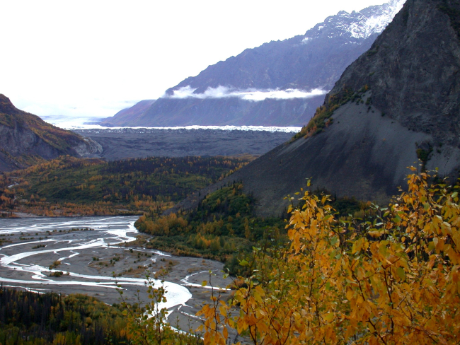 Looking towards a glacier with its braided outwash stream below