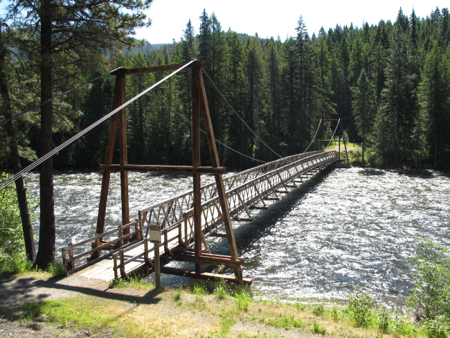 The Mocus Point suspension foot bridge into the Clearwater National Forest