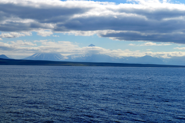 Pavlof Sister left and Pavlof Volcano as seen from the north side of theAlaska Peninsula