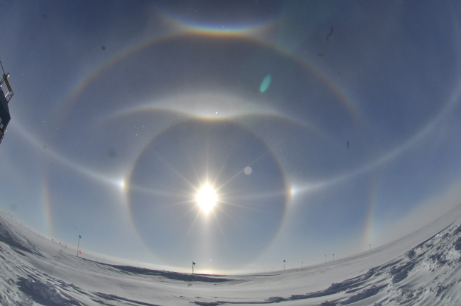 From top to bottom:  Circumzenithal arc, supralateral arc, Parry arc, tangentialarc, 22 degree halo, parhelic circle, and sun dogs on right and leftintersection of 22 degree halo and parhelic circle