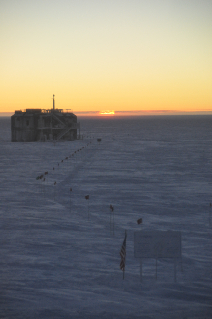 Sunset at South Pole Station looking past the Atmospheric ResearchObservatory