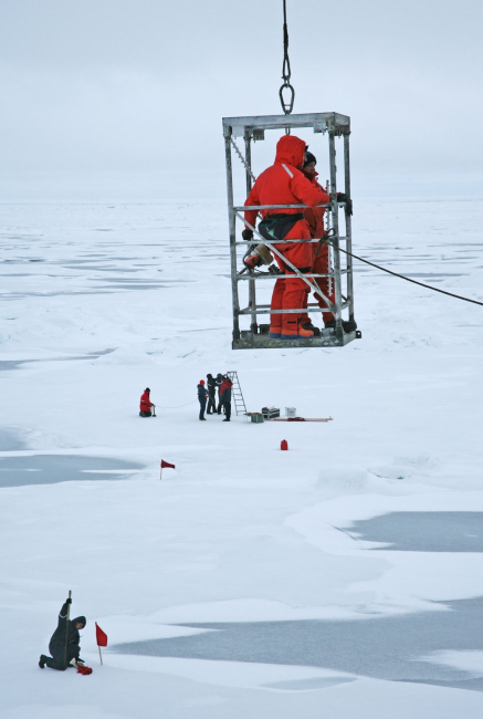 With no gangway available, scientists and crew had to be hoisted from theship to the ice