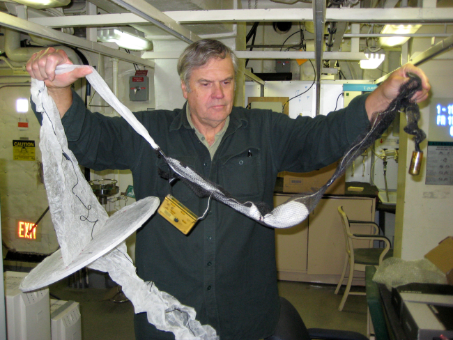 Preparing a fine mesh plankton sampling net for deployment