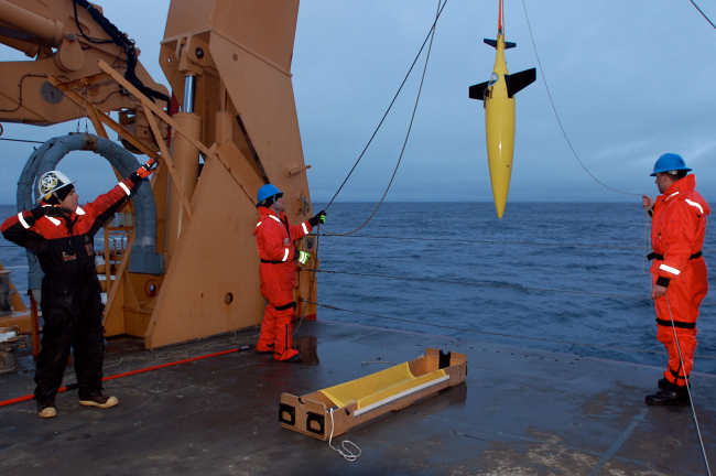 Deploying an instrument package from the stern of the USCGC HEALY