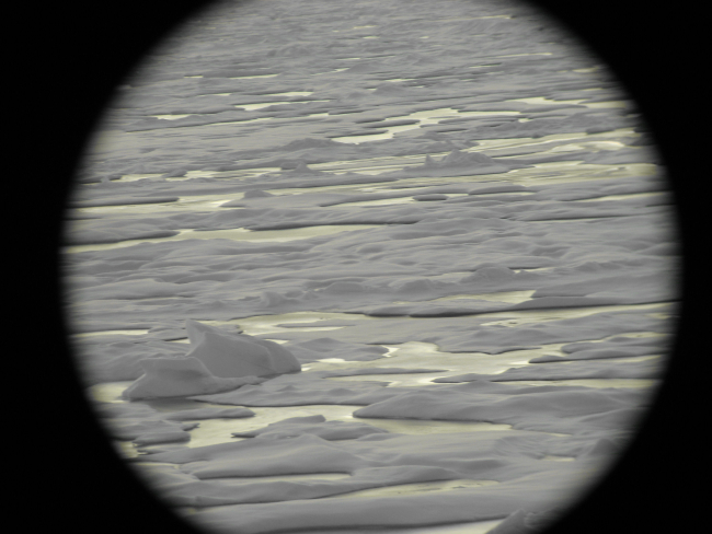 Melt pools and hummocky ice seen through a porthole on a grey day