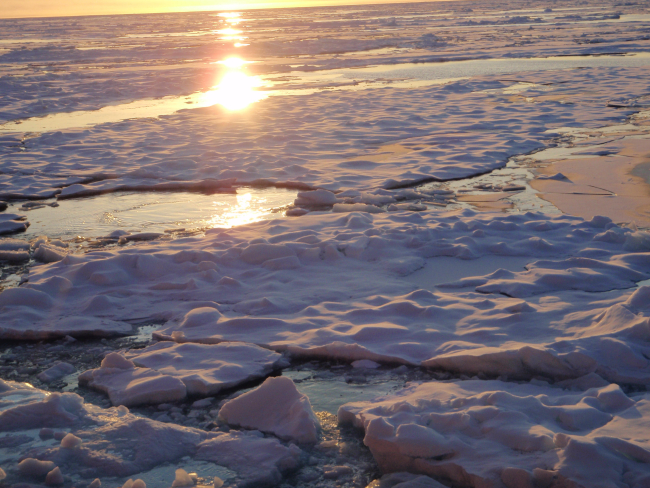 Sun reflecting off refreezing open water and melt pools