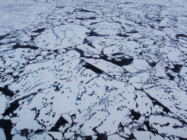 Helicopter eye view of ice floes, melt ponds, areas of brash ice, and otherphenomena
