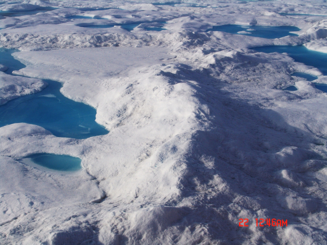 A ridge in multi-year ice with elliptical aquamarine melt ponds