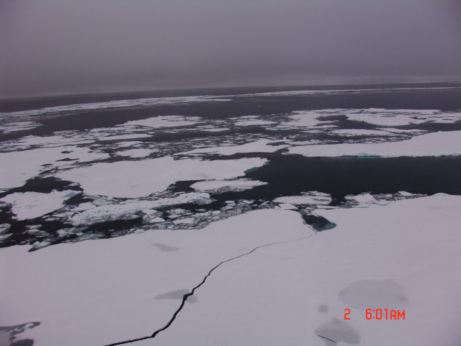 Large ice floe with a fracture with floes and open water in upper half of image