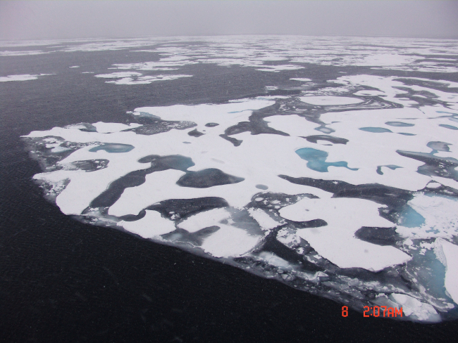 Frazil ice giving gritty appearance to water surface with floes coming togetheras melt pools refreeze