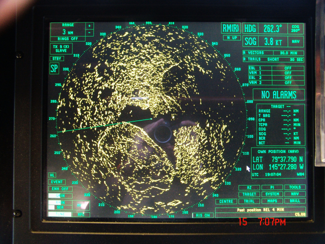 Bridge radar view of ice cover at 79 38 N 145 27 W in the Beaufort Sea on
