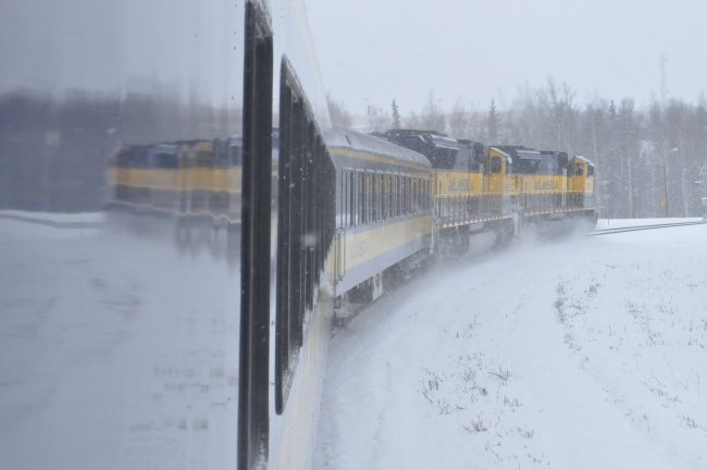 Running through a snow squall along the Alaska Railroad Aurora Winter Train