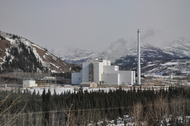 The Healy coal-fired power plant outside of Fairbanks seen from the AlaskaRailroad Aurora Winter Train
