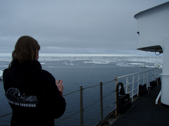 A Bering Sea survivor is observing the MILLER FREEMAN approaching denserpack ice