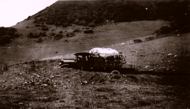 Loading the horses, the survey crew would back the truck up to a road bank andthey would walk on board